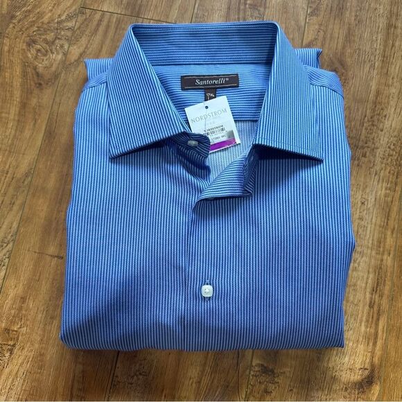 NWT Santorelli Nordstrom Men’s Size 17 ( XL ) Blue Stripped Button Down Shirt - Picture 12 of 12